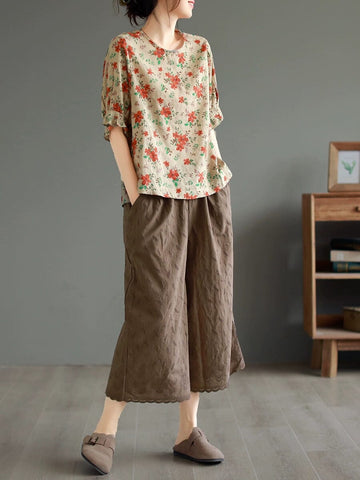 Summer Loose Retro Embroidery Trim Wide Leg Pants