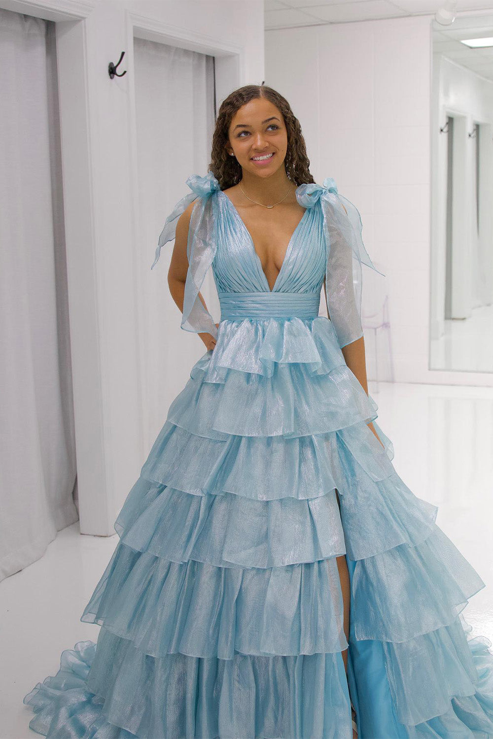 Princess A Line Deep V Neck Pink Prom Dress with Ruffles