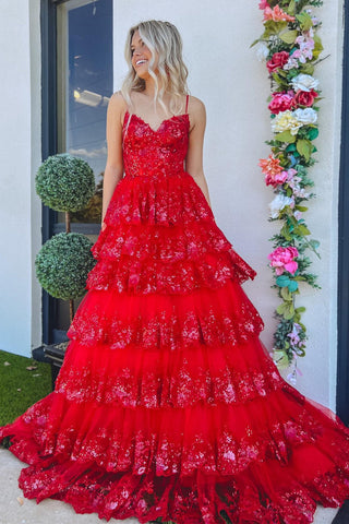 A-Linien-Ballkleid mit Spaghettiträgern und gestufter Spitze