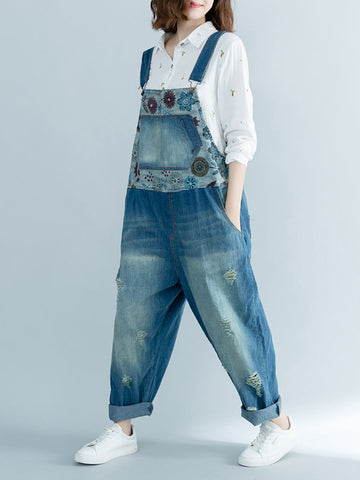 Women Summer Vintage Flower Spliced Frayed Denim Jumpsuits