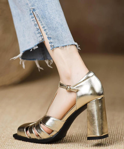Style Gold Sandals Chunky Heel Hollow Out