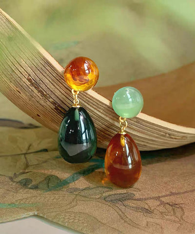 Retro Rainbow Sterling Silver Resin Water Droplet Drop Earrings