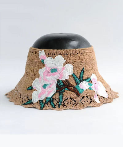 Boho Schwarzer Strand-Sonnenhut mit Stickerei und Aushöhlung