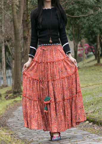 Natural Orange Wrinkled Print Lace Up Patchwork Cotton Skirts Summer