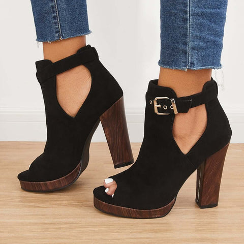 Platform Peep Toe Ankle Booties Chunky Block Heel Dress Boots