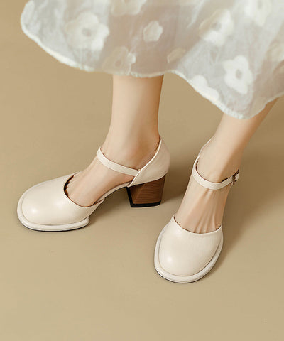Beige Cowhide Leather Classy Splicing Chunky Heel Sandals