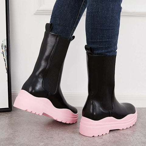 Platform Lug Sole Mid Calf Chelsea Boots Chunky Block Heel Booties