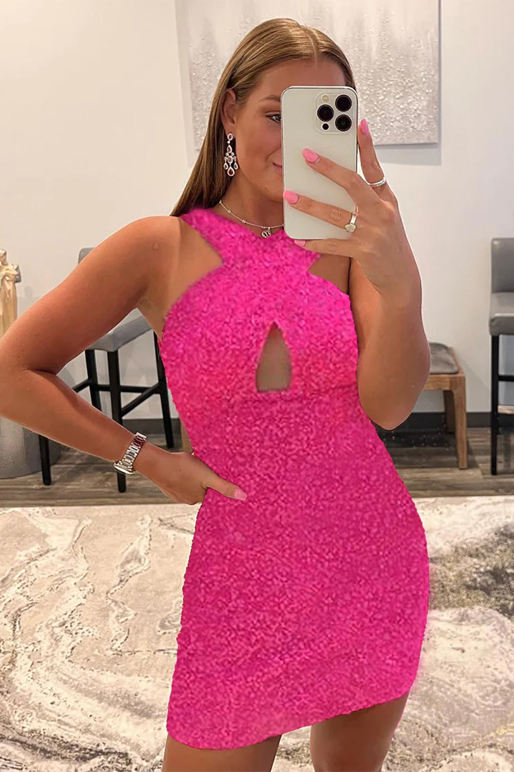 Sparkly Bodycon Halter Neck Backless Red Sequins Homecoming Dress