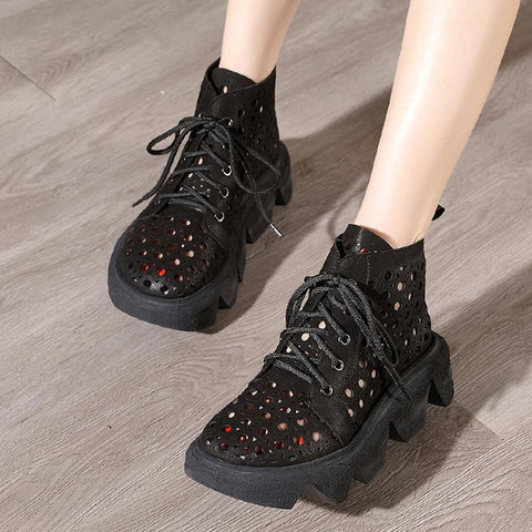 Leather Retro Lace-Up Thick-Soled Ethnic Hollow Boots