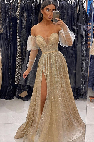 Bmbridal Sweetheart Long Sleeves Prom Dress Sequins With Slit