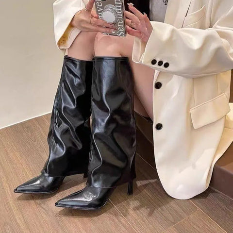 Wind Trouser Boots Women High Heel Shoes 2024 Spring Autumn New Lady Soft Leather Thin Heels Pointed Knee Length Knight Boots