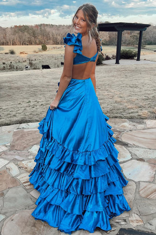 Cutout Ruffle A-Line Long Prom Dress with Slit
