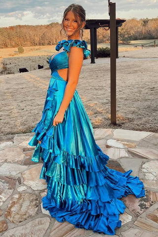 Cutout Ruffle A-Line Long Prom Dress with Slit