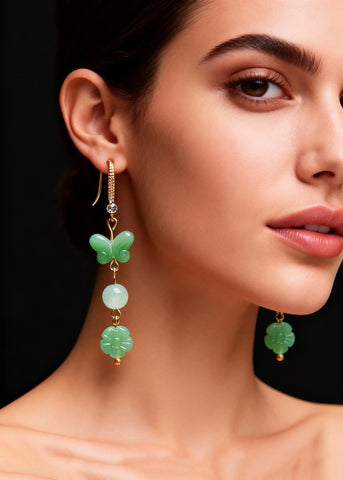 Fine Butterfly Jade Zircon Long Drop Earrings