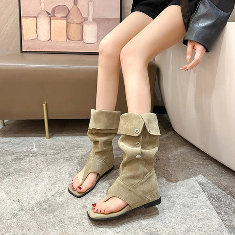 Vintage Western Cowboy Stacked Boots 2024 Summer Fashion Clip Toe Flats Sandalias Ladies Elegant Rome Style Long Booties