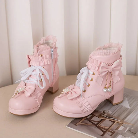 - Pink White Black Chunky Heel Lolita Shoes Butterfly-knot Pearls Lace Up Womens Cosplay Princess Cute Sweet Winter Ankle Boots 42