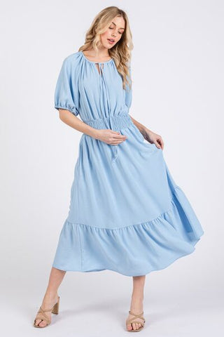 Blue Elastic Waist Tie Neck Puff Sleeve Midi Resort Dress