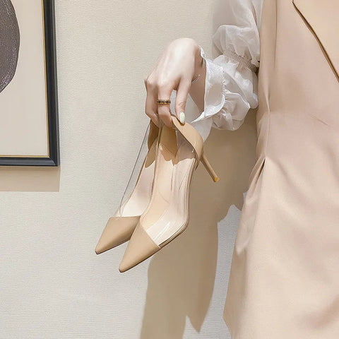 2024 Summer New Pointed Transparent Nude Color Splicing Style Fashion Versatile Thin Heel Shoes Women's High Heels