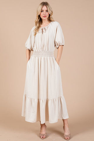 Tie Neck Puff Sleeve Beach Resort Maxi Dress