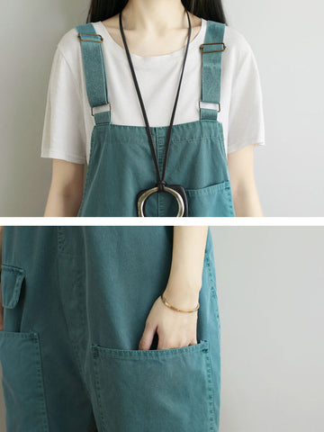 Women Summer Casual Solid Pocket Frayed Loose Jumpsuits