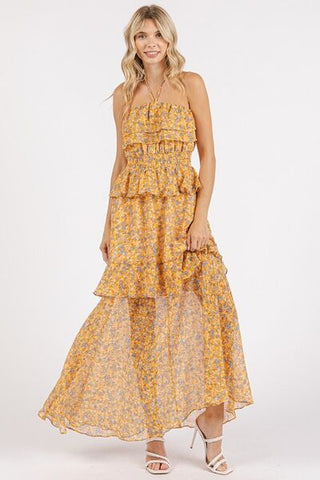 Tangerine Ruffled Floral Halter Neck Maxi Summer Dress