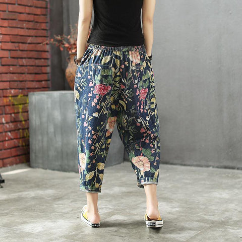 Loose Floral Print Elastic Waist Denim Pants