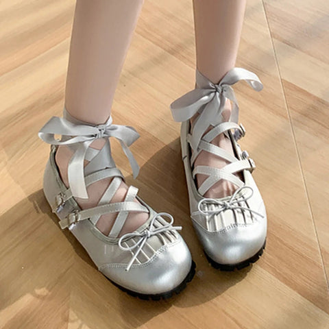 Bow Ballet Dance Flats Women Shoes Shallow Mary Jane Fashion Dress Lolita Sandals 2024 Spring New Casual Cozy Zapatos Para Mujer