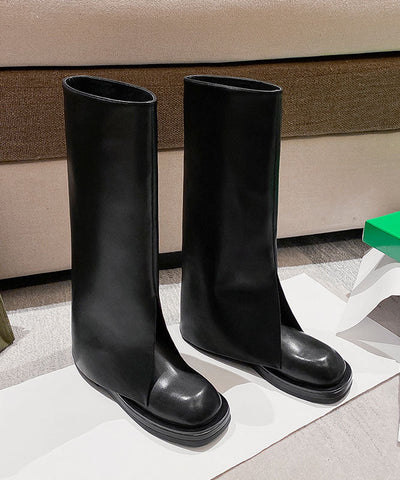 Fashion Splicing Platform Boots Black Cowhide Leather