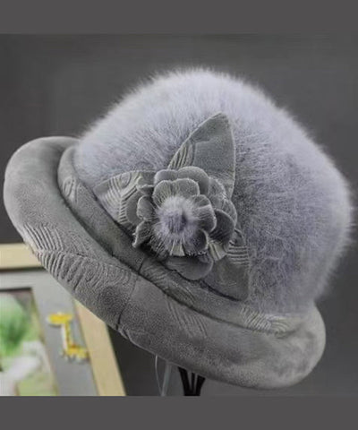 Stilvoller grauer Woll-Bucket-Hut mit Blumenmuster „The Rabbit“
