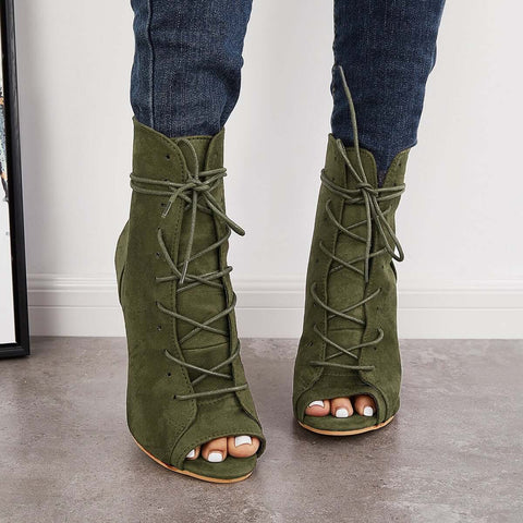 Peep Toe Stiletto High Heel Ankle Boots Lace Up Booties
