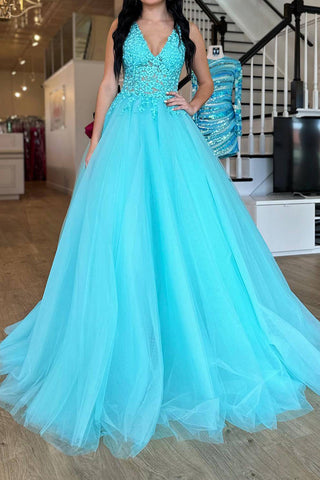 Gorgeous A Line V Neck Purple Long Prom Dress with Appliques