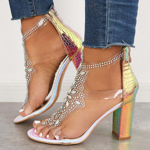 Rhinestone Block Chunky High Dress Heels T-Strap Sandals