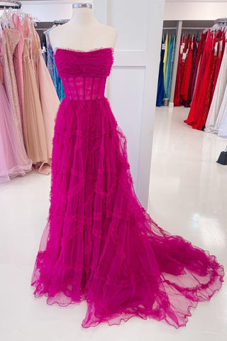 A-Line Strapless Ruffles Long Formal Dress with Puff Sleeves