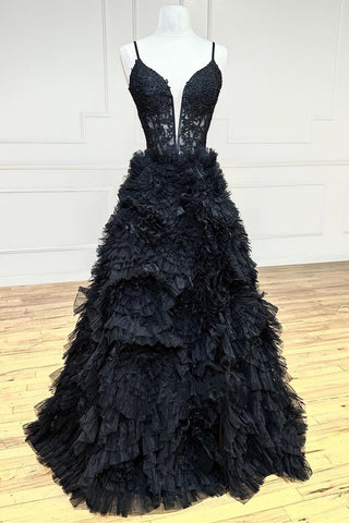 Plunge V Spaghetti Strap Ruffle Tiered Long Gown