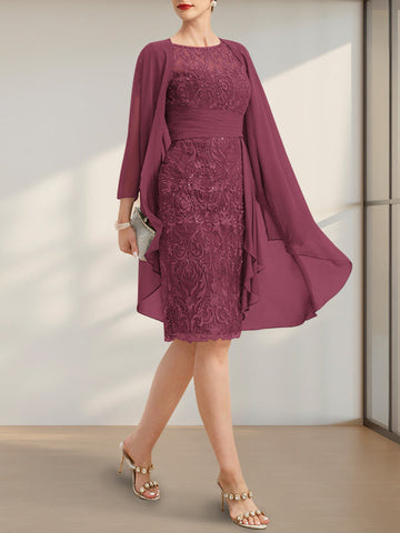 Sheath/Column Scoop Illusion Knee-Length Lace Chiffon Mother of the Bride Dress With Cascading Ruffles Sequins