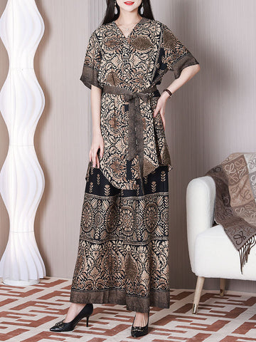 Women Retro Flower Irregular Hem Drawstring Wide-leg Shirt+Pants