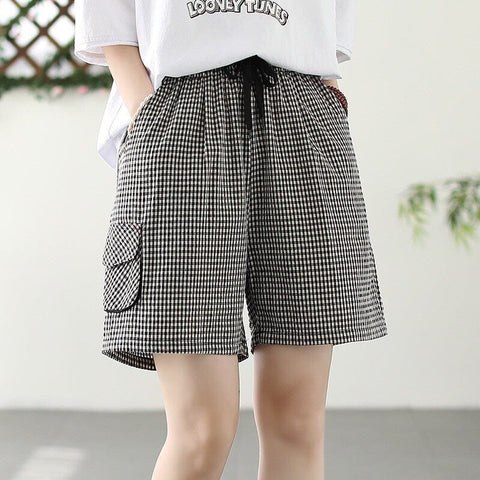 Women Summer Loose Plaid Cotton Loose Shorts
