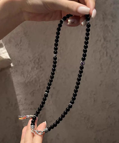 Fine Black 925 Silver Agate Inlaid Pendant Necklace