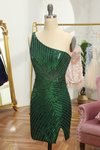 Glitter Fuchsia One Shoulder Beaded Tight Homecoming Dress