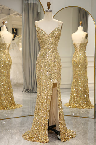 Bling Mermaid Spaghetti Straps Golden Sequins Long Prom Dress with Split Front