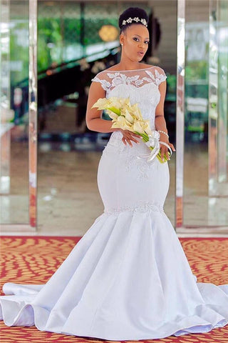 Bmbridal Cap Sleeves Mermaid Wedding Dress With Lace Appliques