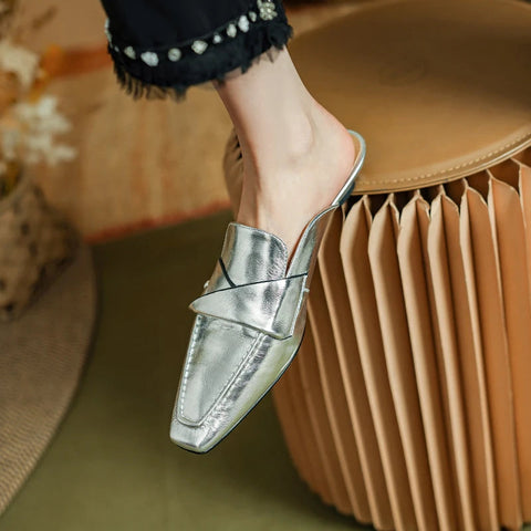 Muller Slippers Women Pumps Square Toe Genuine Leather Slippers Spring Summer Concise Casual Working Shoes Woman New Arrival