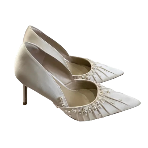 Spring and Autumn New Pointed Shallow Mouth High Heels Women's White Pleated Pearl Bridesmaid Bridesmaid Wedding Shoes