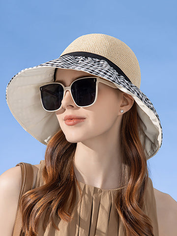 Summer Casual Straw Spliced Plaid Drawstring Hat