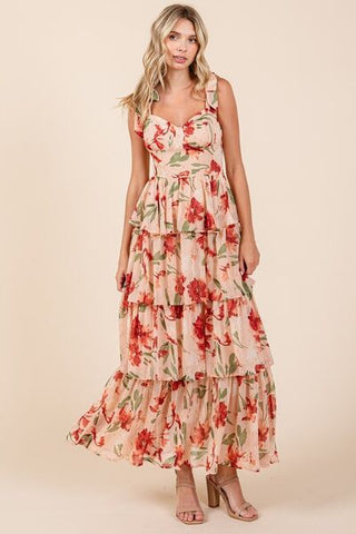 Layered Floral Sweetheart Neck Summer Maxi Dress