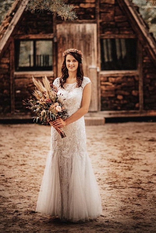 BMbridal Cap Sleeves Lace Wedding Dress Mermaid Boho Bridal Wear
