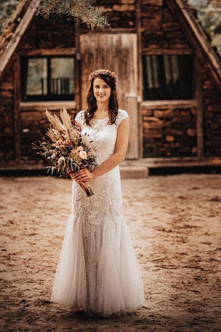 BMbridal Cap Sleeves Lace Wedding Dress Mermaid Boho Bridal Wear