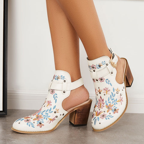 Pink Cutout Embroidered Chunky Heels Ankle Strap Slingback Sandals