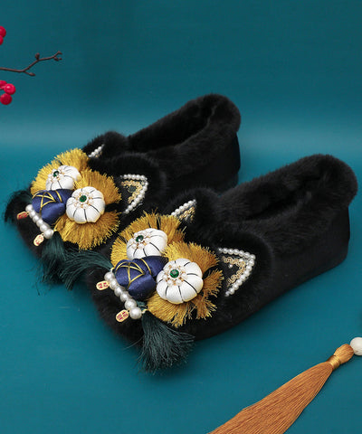Rosa Retro Nagelperlen Spleißen Flache Schuhe Flauschige Wolle Gefüttert
