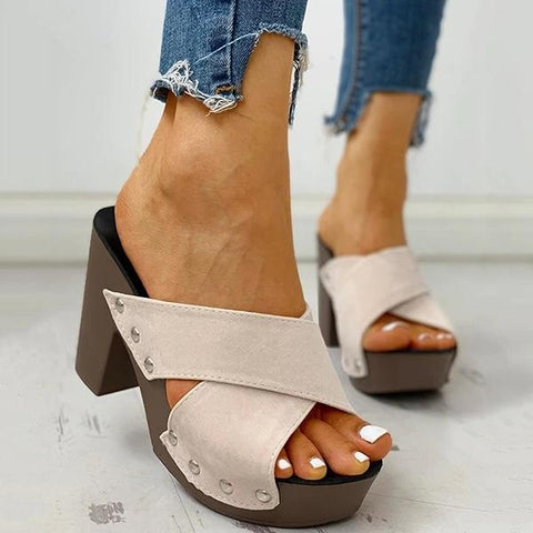 Rivet Criss Cross Chunky Block Heels Platform Slip-on Sandals